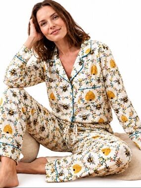 Printfresh Sweet Bee Cotton Pajama Top Pants Set Floral Sleepwear Medium NWT